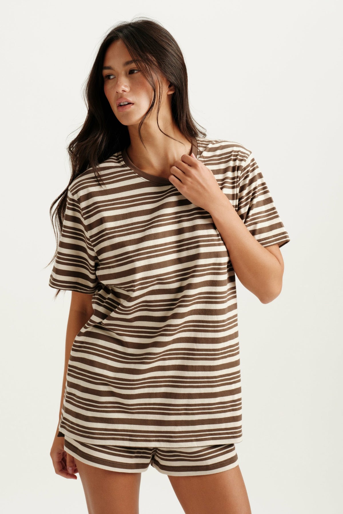 SET ACTIVE CLASSIC COTTON DAILY STRIPE BOYFRIEND TEE - GRAIN