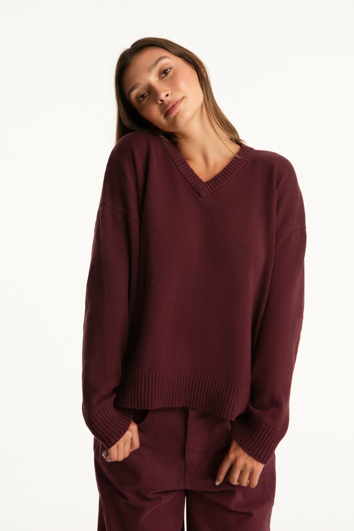 SET ACTIVE SET X PARKE COTTON V-NECK SWEATER - RHUBARB