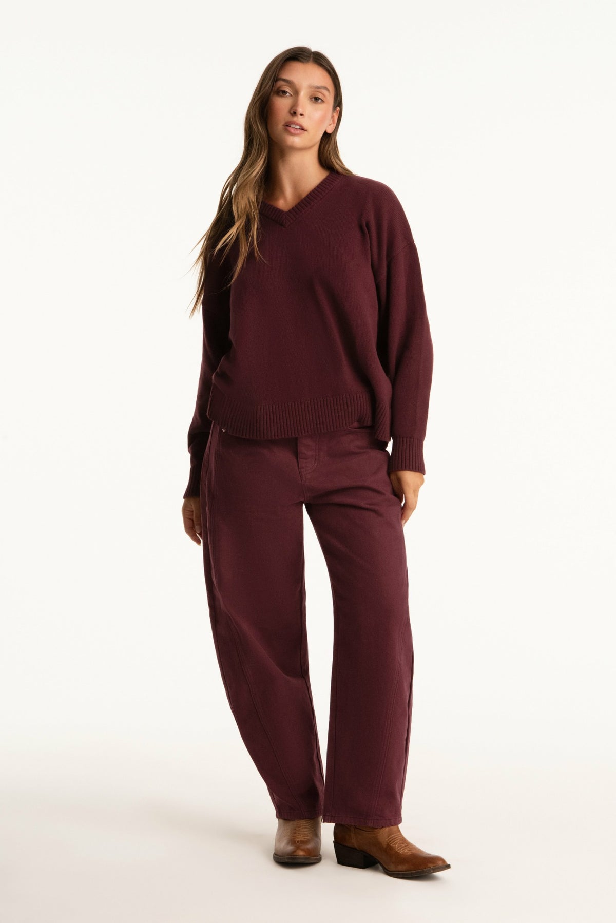 SET ACTIVE SET X PARKE COTTON V-NECK SWEATER - RHUBARB