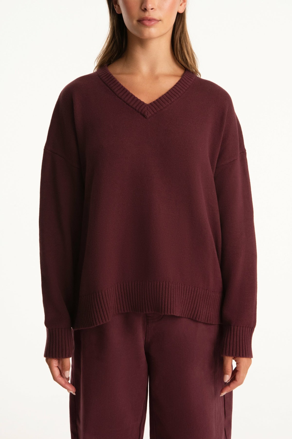 SET ACTIVE SET X PARKE COTTON V-NECK SWEATER - RHUBARB