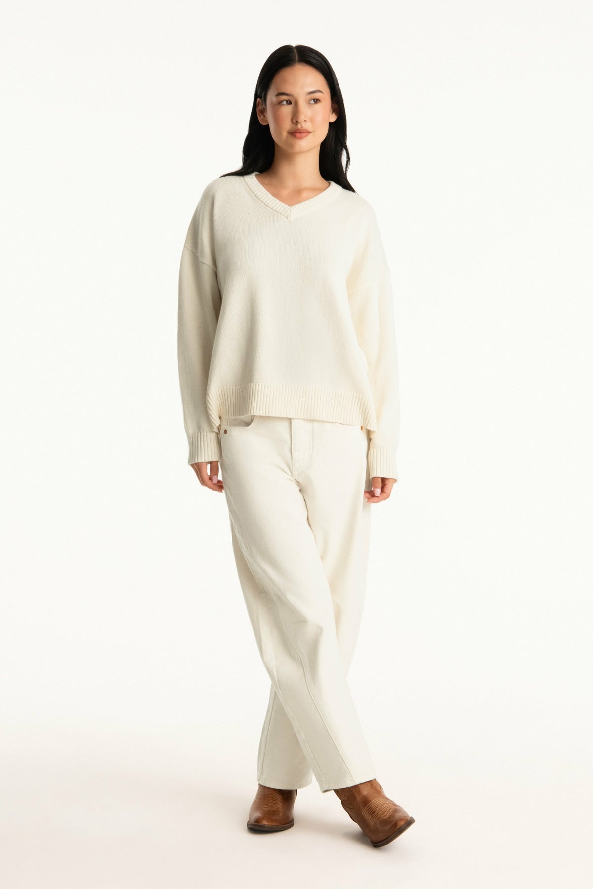 SET ACTIVE SET X PARKE COTTON V-NECK SWEATER - CREAM
