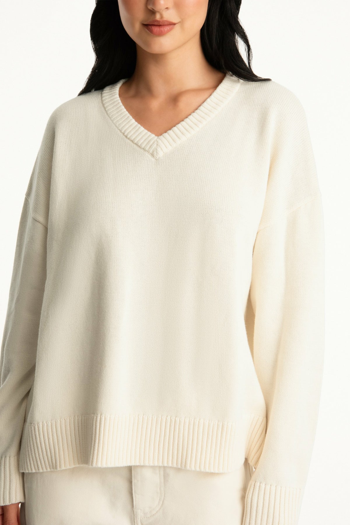 SET ACTIVE SET X PARKE COTTON V-NECK SWEATER - CREAM